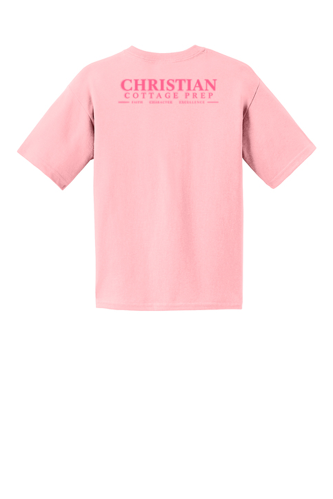 Christian Cottage Prep Youth Pink Logo Full Chest Two Sided T-Shirt