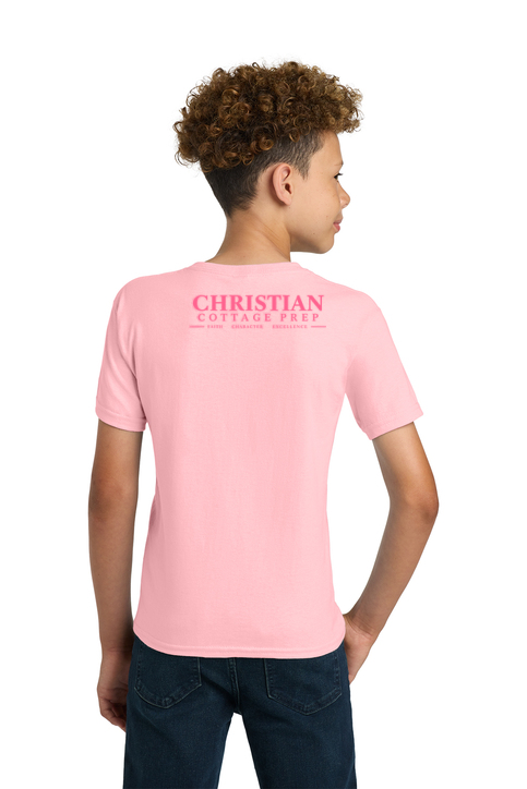 Christian Cottage Prep Youth Pink Logo Full Chest Two Sided T-Shirt