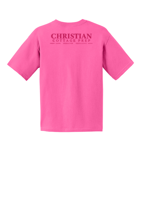 Christian Cottage Prep Youth Pink Logo Full Chest Two Sided T-Shirt