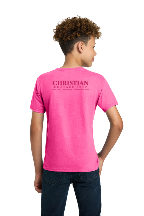 Christian Cottage Prep Youth Pink Logo Full Chest Two Sided T-Shirt