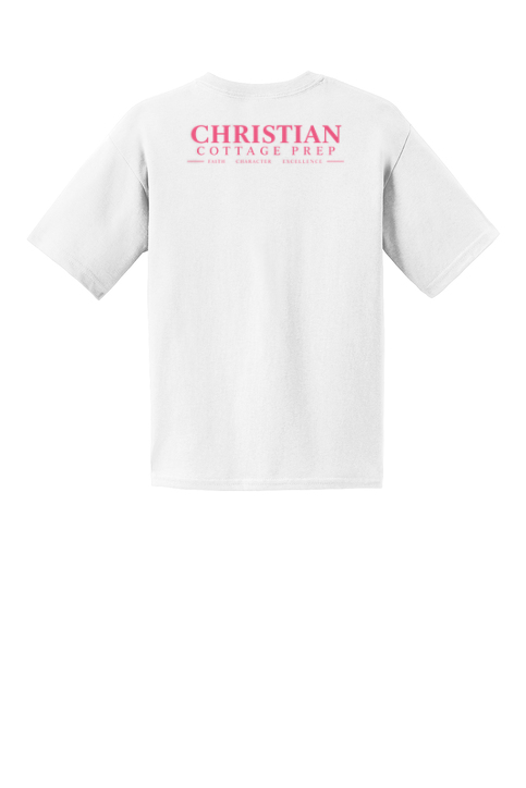 Christian Cottage Prep Youth Pink Logo Full Chest Two Sided T-Shirt