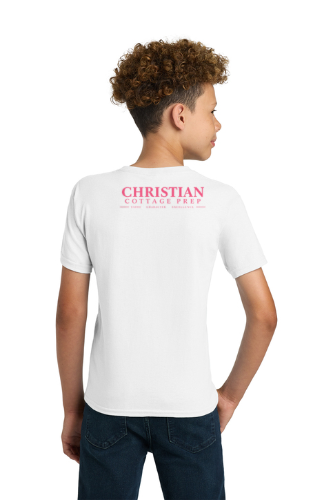 Christian Cottage Prep Youth Pink Logo Full Chest Two Sided T-Shirt