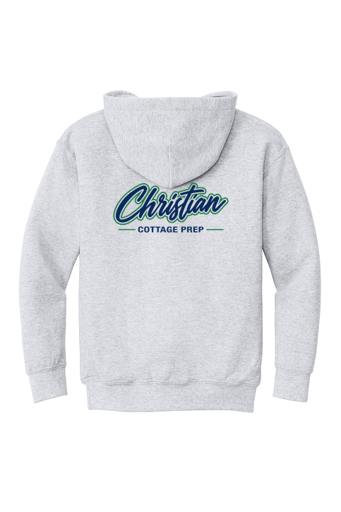 Christian Cottage Prep Youth Script Logo Full Chest Two Sided Hooded Sweatshirt