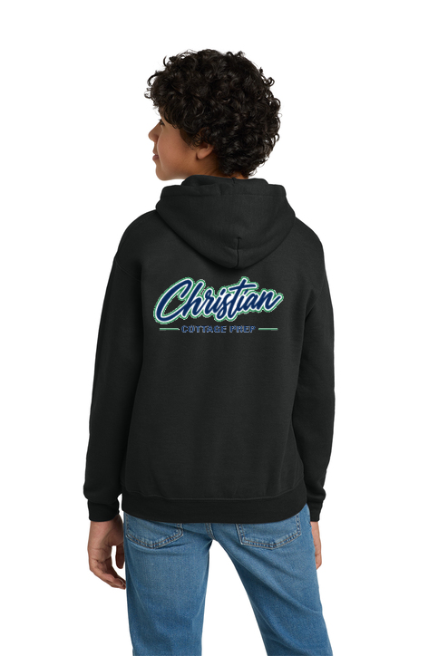 Christian Cottage Prep Youth Script Logo Full Chest Two Sided Hooded Sweatshirt