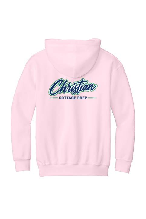 Christian Cottage Prep Youth Script Logo Full Chest Two Sided Hooded Sweatshirt
