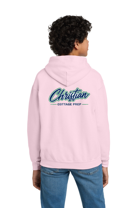 Christian Cottage Prep Youth Script Logo Full Chest Two Sided Hooded Sweatshirt