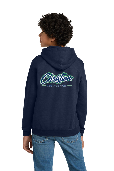 Christian Cottage Prep Youth Script Logo Full Chest Two Sided Hooded Sweatshirt