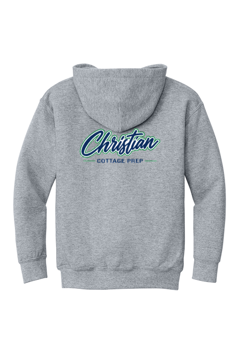 Christian Cottage Prep Youth Script Logo Full Chest Two Sided Hooded Sweatshirt