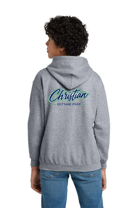 Christian Cottage Prep Youth Script Logo Full Chest Two Sided Hooded Sweatshirt