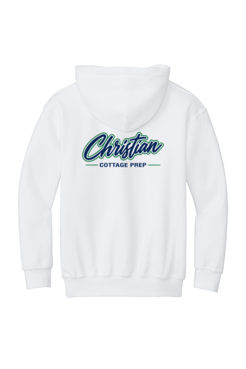 Christian Cottage Prep Youth Script Logo Full Chest Two Sided Hooded Sweatshirt