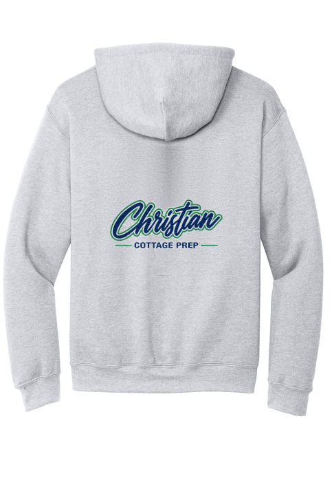 Christian Cottage Prep Script Logo Full Chest Two Sided Hooded Sweatshirt