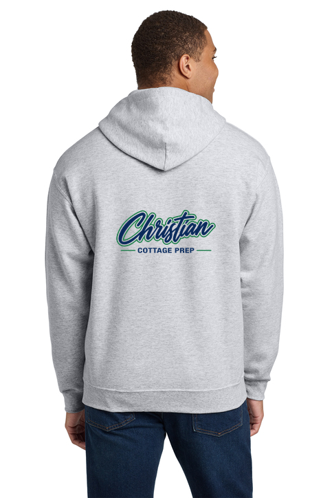 Christian Cottage Prep Script Logo Full Chest Two Sided Hooded Sweatshirt