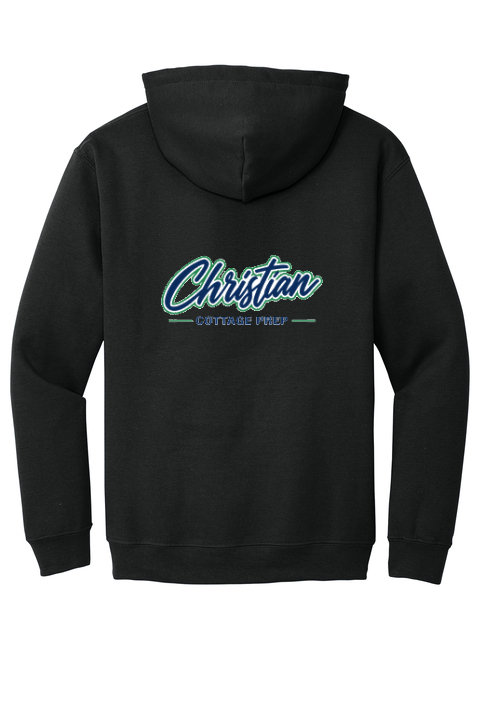 Christian Cottage Prep Script Logo Full Chest Two Sided Hooded Sweatshirt