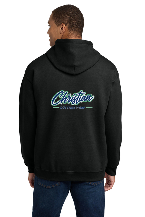 Christian Cottage Prep Script Logo Full Chest Two Sided Hooded Sweatshirt