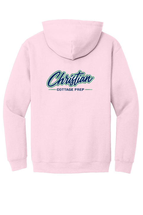 Christian Cottage Prep Script Logo Full Chest Two Sided Hooded Sweatshirt
