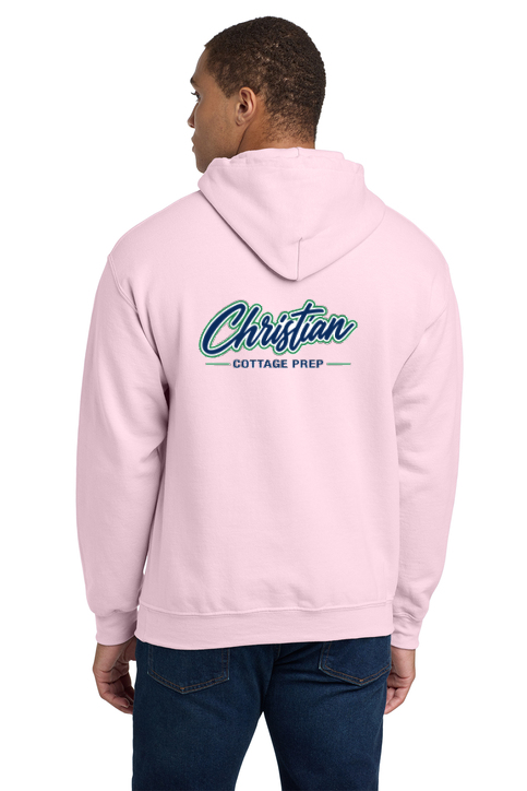 Christian Cottage Prep Script Logo Full Chest Two Sided Hooded Sweatshirt