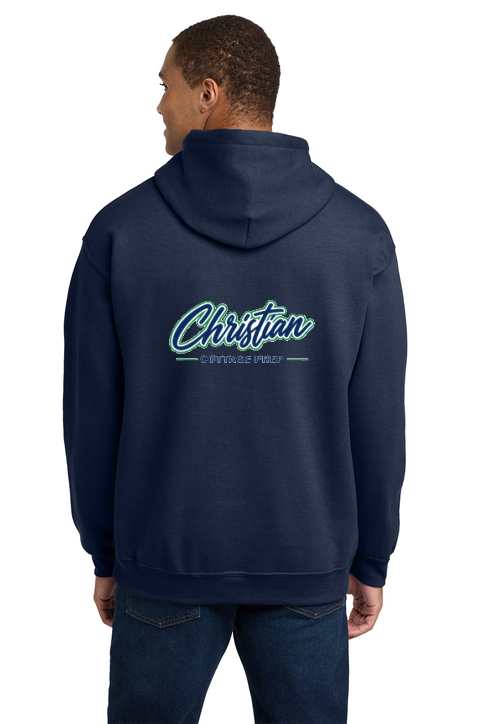 Christian Cottage Prep Script Logo Full Chest Two Sided Hooded Sweatshirt