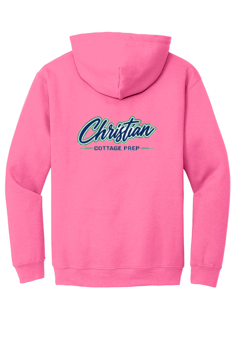 Christian Cottage Prep Script Logo Full Chest Two Sided Hooded Sweatshirt