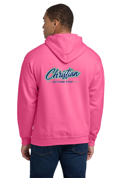 Christian Cottage Prep Script Logo Full Chest Two Sided Hooded Sweatshirt