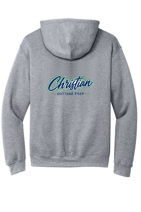 Christian Cottage Prep Script Logo Full Chest Two Sided Hooded Sweatshirt