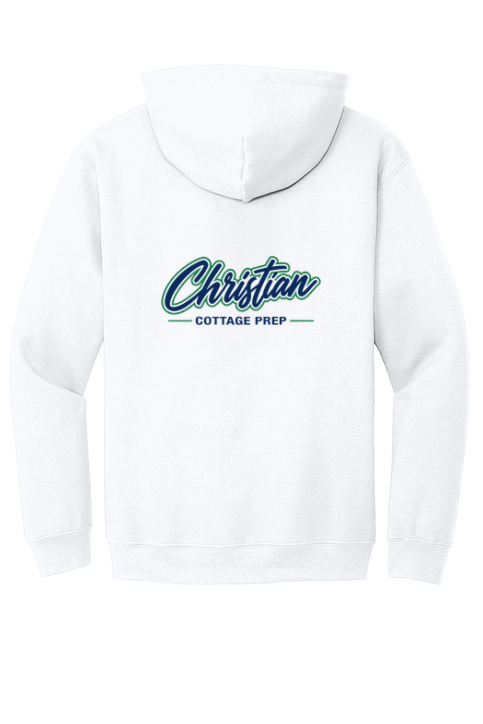 Christian Cottage Prep Script Logo Full Chest Two Sided Hooded Sweatshirt