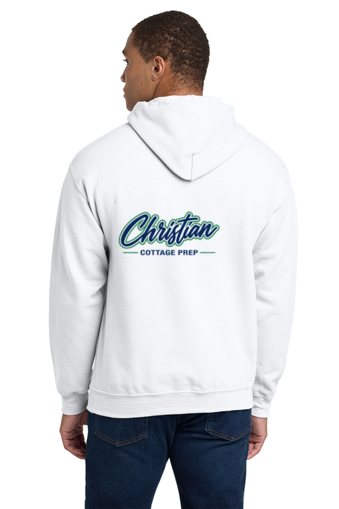 Christian Cottage Prep Script Logo Full Chest Two Sided Hooded Sweatshirt