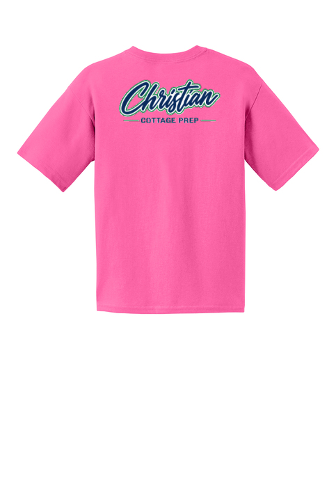 Christian Cottage Prep Youth Script Logo Left Chest Front / Full Back T-Shirt