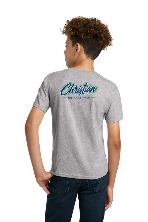 Christian Cottage Prep Youth Script Logo Left Chest Front / Full Back T-Shirt