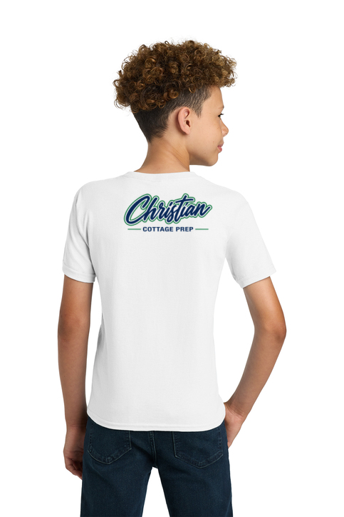 Christian Cottage Prep Youth Script Logo Left Chest Front / Full Back T-Shirt