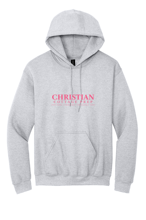 Christian Cottage Prep Pink Logo Full Chest One Sided Hooded Sweatshirt