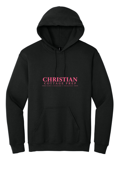 Christian Cottage Prep Pink Logo Full Chest One Sided Hooded Sweatshirt